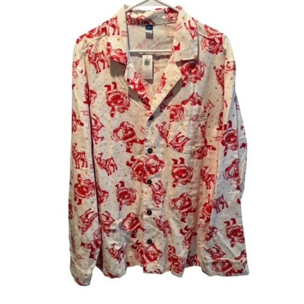 Old Navy Womens White Red Pajama Top Santa Reindeer Flannel Button Up XL NEW